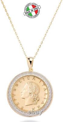 Italian 20 Lira Coin Medallion 18 Inch Chain Diamond Accent 18K Sterling Silver