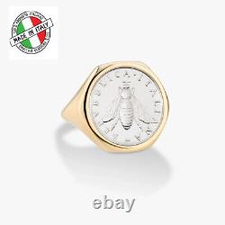 Italian 2 Lira Bee Coin Signet Ring 18Kt GP Sterling Silver 9.0 Italia Due New