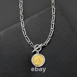 Italian Replica Bee Lira Coin Necklace in Sterling Silver & 18kt Gold Over