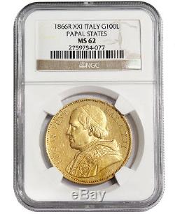 Italy 1866 XXIR Papal States Pius IX 100 LIRE KM-1383, Gold coin NGC 62 UNC