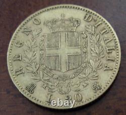 Italy 1873 M BN Gold 20 Lire Vittorio Emanuele II AU