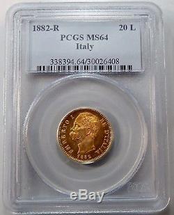 Italy, 1882 R Gold 20 Lire PCGS Graded MS64