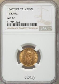 Italy 18.5mm 1863-t Bn 10 Lire Gold Coin Choice Uncirculated Ngc Certified Ms63