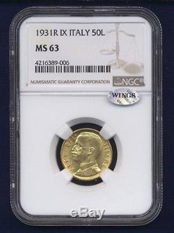 Italy 1931-r Yr. IX 50 Lire Uncirculated Gold Coin, Ngc Certified Ngc Ms63
