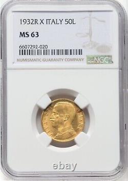Italy 1932-r Yr. X 50 Lire Uncirculated Gold Coin, Ngc Certified Ms63