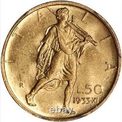 Italy 1933-r Yr. XI 50 Lire Uncirculated Gold Coin, Pcgs Certified Ms63