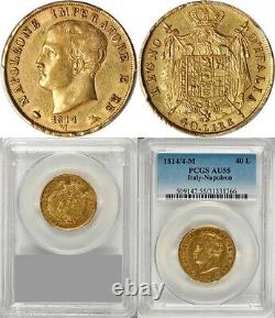 Italy France, Gold 40 Lire Napoleon 1814/4 M Pcgs Au 55 Over Date, Rare3