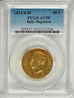 Italy France, Gold 40 Lire Napoleon 1814/4 M Pcgs Au 55 Over Date, Rare3