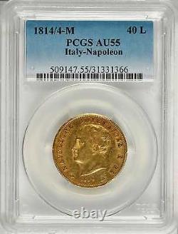 Italy France, Gold 40 Lire Napoleon 1814/4 M Pcgs Au 55 Over Date, Rare3