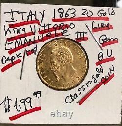 Italy Gem Bu Lustrous Classic Old 1863 20 Lire Near Gold Value King Emanuale II