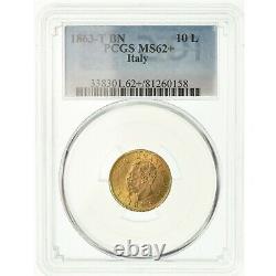 Italy, Gold 10 Lire 1863-t Bn Pcgs Ms 62+, Rare