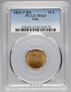 Italy, Gold 10 Lire 1863-t Bn Pcgs Ms 63, Rare21