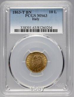 Italy, Gold 10 Lire 1863-t Bn Pcgs Ms 63, Rare21