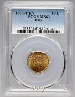 Italy, Gold 10 Lire 1863-t Bn Pcgs Ms 63, Rare21