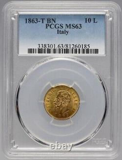 Italy, Gold 10 Lire 1863-t Bn Pcgs Ms 63, Rare21