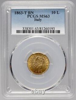 Italy, Gold 10 Lire 1863-t Bn Pcgs Ms 63, Rare9