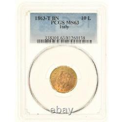 Italy, Gold 10 Lire 1863-t Bn Pcgs Ms 63, Rare