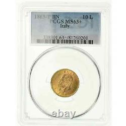 Italy, Gold 10 Lire 1863-t Bn Pcgs Ms 63+, Rare