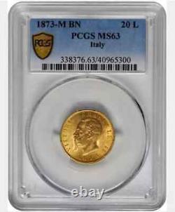 Italy, Gold 20 Lire 1873-m Bn Pcgs Ms 63, Rare