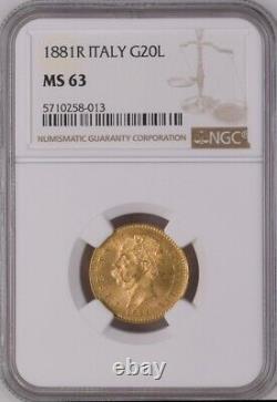 Italy, Gold 20 Lire 1881 R Ngc Ms 63, Rare2
