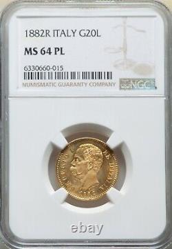 Italy, Gold 20 Lire 1882 R Ngc Ms 64 Pl, Rare8