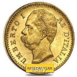 Italy Gold 20 Lire Umberto I Avg Circ (Random Year, 1879-1897)