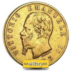 Italy Gold 20 Lire Vittorio Emanuele II Avg Circ (Random Year, 1861-1878)