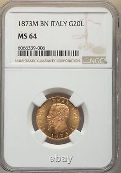Italy Kingdom 1873-m-bn 20 Lire Gold Coin Choice Uncirculated Certified Ngc Ms64