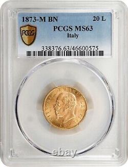 Italy Kingdom 1873-mbn 20 Lire Gold Coin Choice Uncirculated Certified Pcgs Ms63