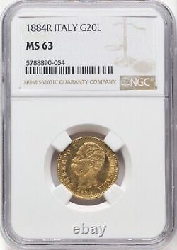 Italy Kingdom 1884-r 20 Lire Gold Coin Uncirculated, Ngc Certified Ms-63, Rare