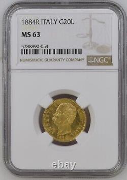 Italy Kingdom 1884-r 20 Lire Gold Coin Uncirculated, Ngc Certified Ms-63, Rare