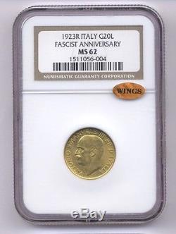 Italy Kingdom 1923-r 20 Lire Uncirculated Gold Coin, Ngc Certified Ms62-wings
