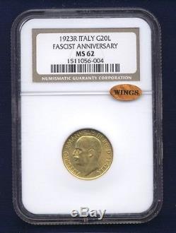 Italy Kingdom 1923-r 20 Lire Uncirculated Gold Coin, Ngc Certified Ms62-wings
