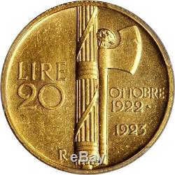 Italy Kingdom 1923-r 20 Lire Uncirculated Gold Coin, Pcgs Certified Ms62