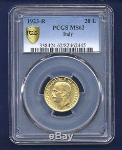 Italy Kingdom 1923-r 20 Lire Uncirculated Gold Coin, Pcgs Certified Ms62