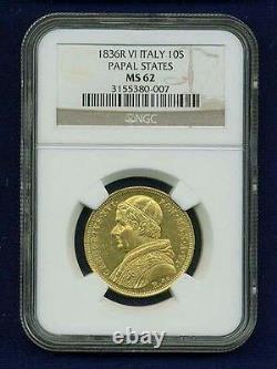 Italy Papal States 1836 10 Scudi Gold Coin Choice Mint State, Ngc Certified Ms62