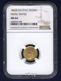 Italy Papal States 1862-r 1 Scudo Gold Coin Uncirculated, Certified Ngc Ms-64