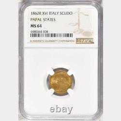 Italy Papal States 1862-r 1 Scudo Gold Coin Uncirculated, Certified Ngc Ms-64