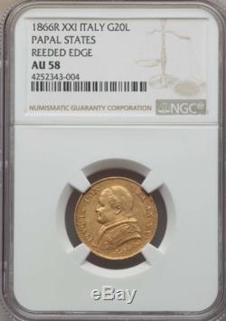 Italy Papal States 1866 20 Lire Gold Coin Almost Uncirculated Certified Ngc Au58