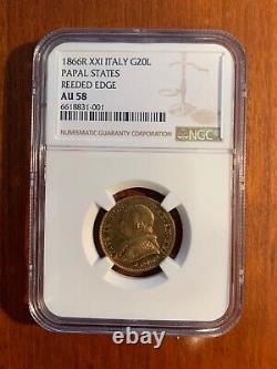 Italy Papal States 1866 20 Lire Gold Coin Almost Uncirculated Ngc Certified Au58
