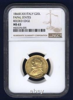 Italy Papal States 1866 20 Lire Gold Coin Choice Uncirculated Certified Ngc Ms63