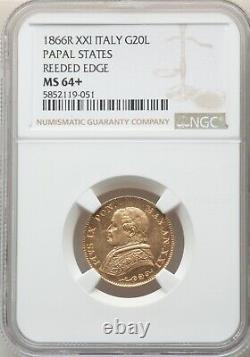 Italy Papal States 1866 20 Lire Gold Coin Choice Uncirculated Ngc Cert. Ms64+