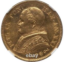Italy Papal States 1866 20 Lire Gold Coin Choice Uncirculated Ngc Certified Ms63