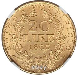 Italy Papal States 1866 20 Lire Gold Coin Choice Uncirculated Ngc Certified Ms63