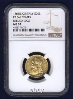 Italy Papal States 1866 20 Lire Gold Coin Choice Uncirculated Ngc Certified Ms63