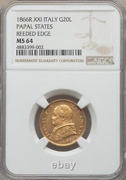 Italy Papal States 1866 20 Lire Gold Coin Choice Uncirculated Ngc Certified Ms64