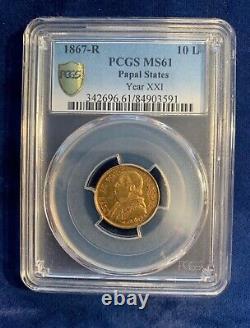 Italy Papal States 1867 10 Lire Gold Coin, Uncirculated Pcgs Certified Ms61