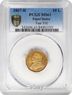 Italy Papal States 1867 10 Lire Gold Coin, Uncirculated Pcgs Certified Ms61