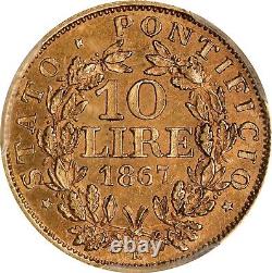 Italy Papal States 1867 10 Lire Gold Coin, Uncirculated Pcgs Certified Ms61