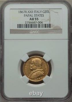 Italy Papal States 1867 20 Lire Gold Coin Almost Uncirculated Certified Ngc Au55